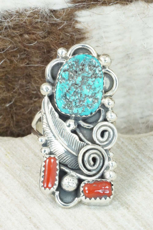 Coral, Turquoise & Sterling Silver Ring - Shirley Largo - Size 8.5