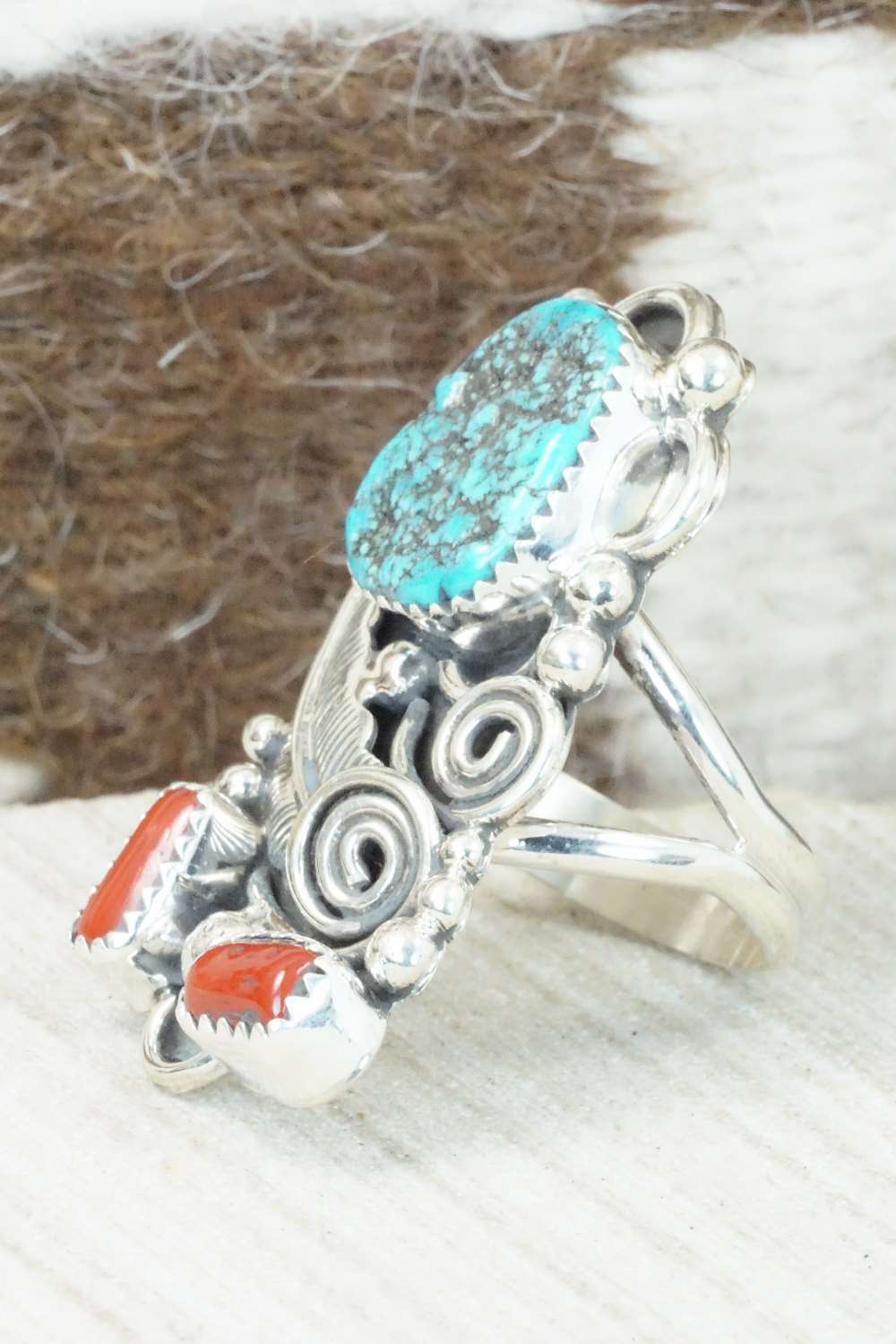 Coral, Turquoise & Sterling Silver Ring - Shirley Largo - Size 8.5