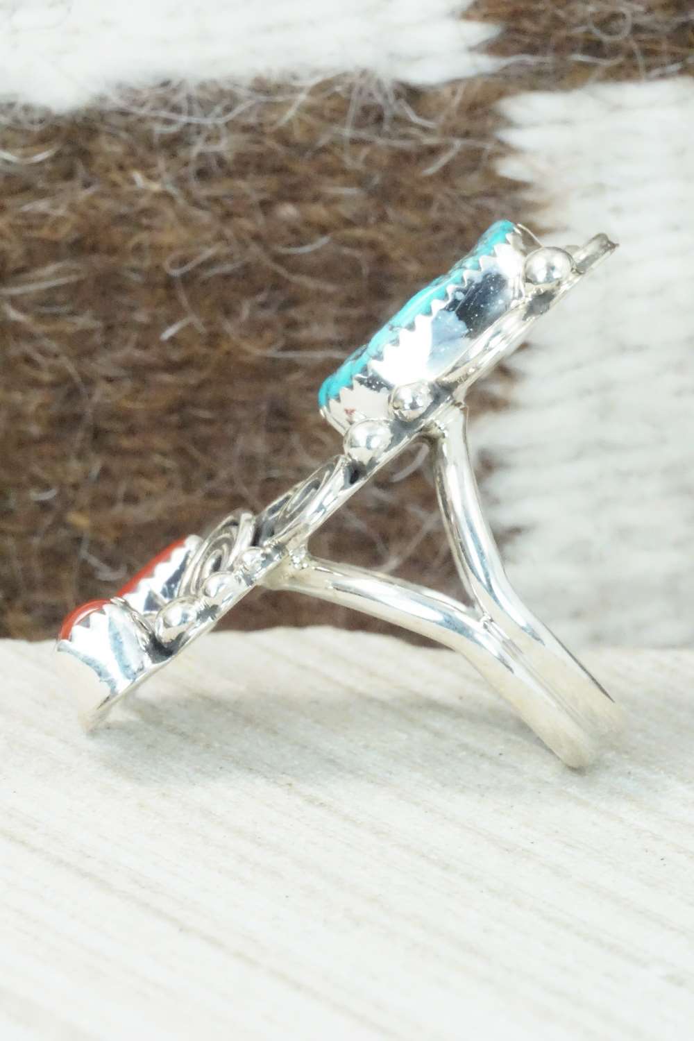Coral, Turquoise & Sterling Silver Ring - Shirley Largo - Size 8.5