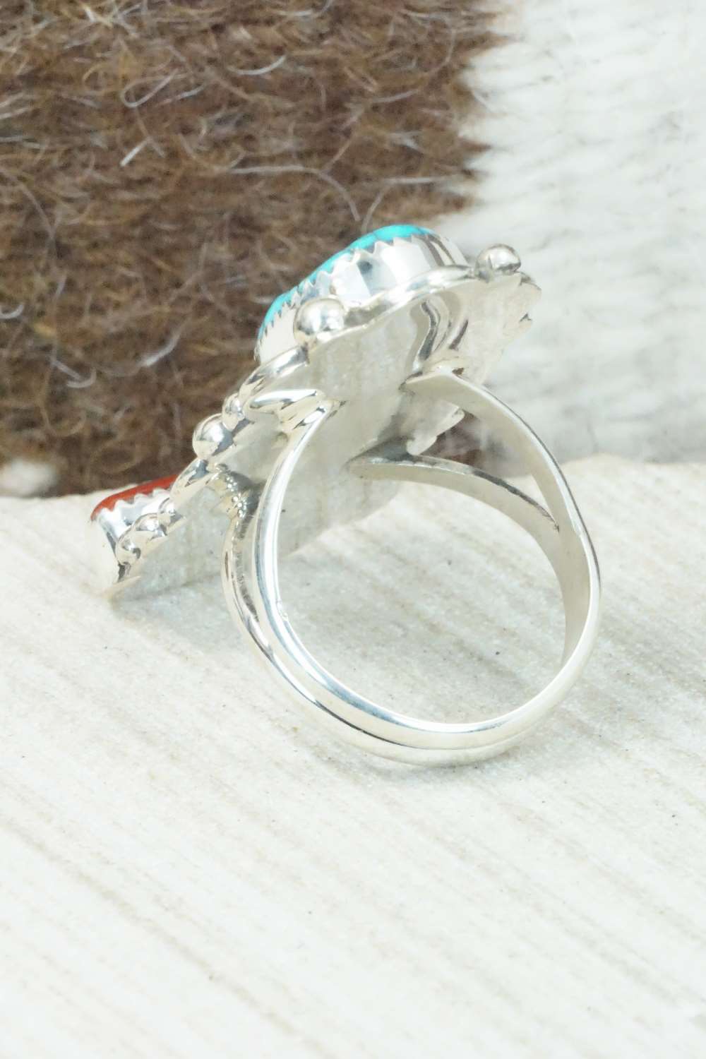 Coral, Turquoise & Sterling Silver Ring - Shirley Largo - Size 8.5