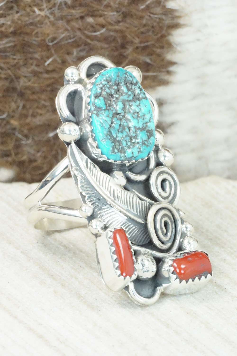 Coral, Turquoise & Sterling Silver Ring - Shirley Largo - Size 8.5