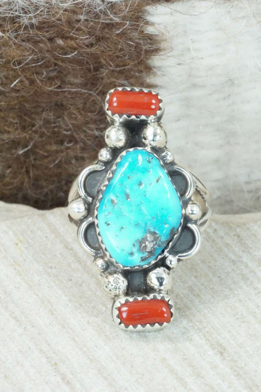 Coral, Turquoise & Sterling Silver Ring - Shirley Largo - Size 8.5