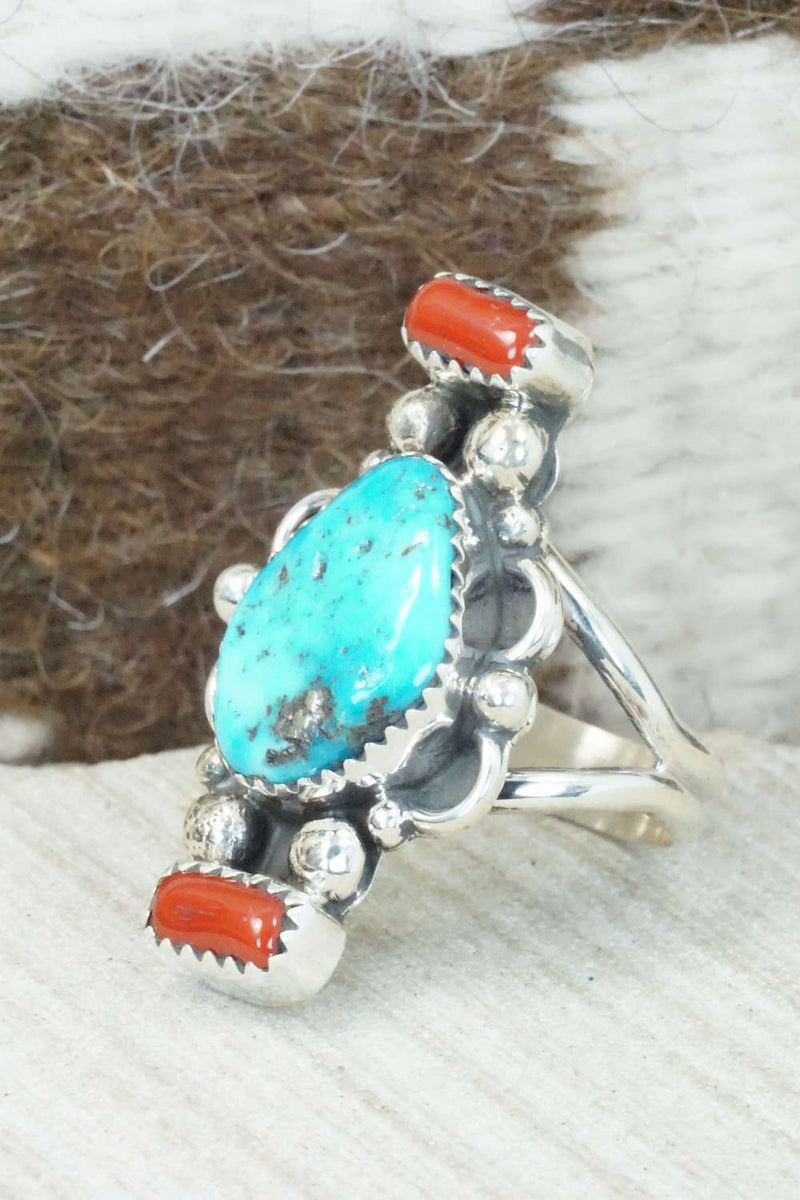 Coral, Turquoise & Sterling Silver Ring - Shirley Largo - Size 8.5