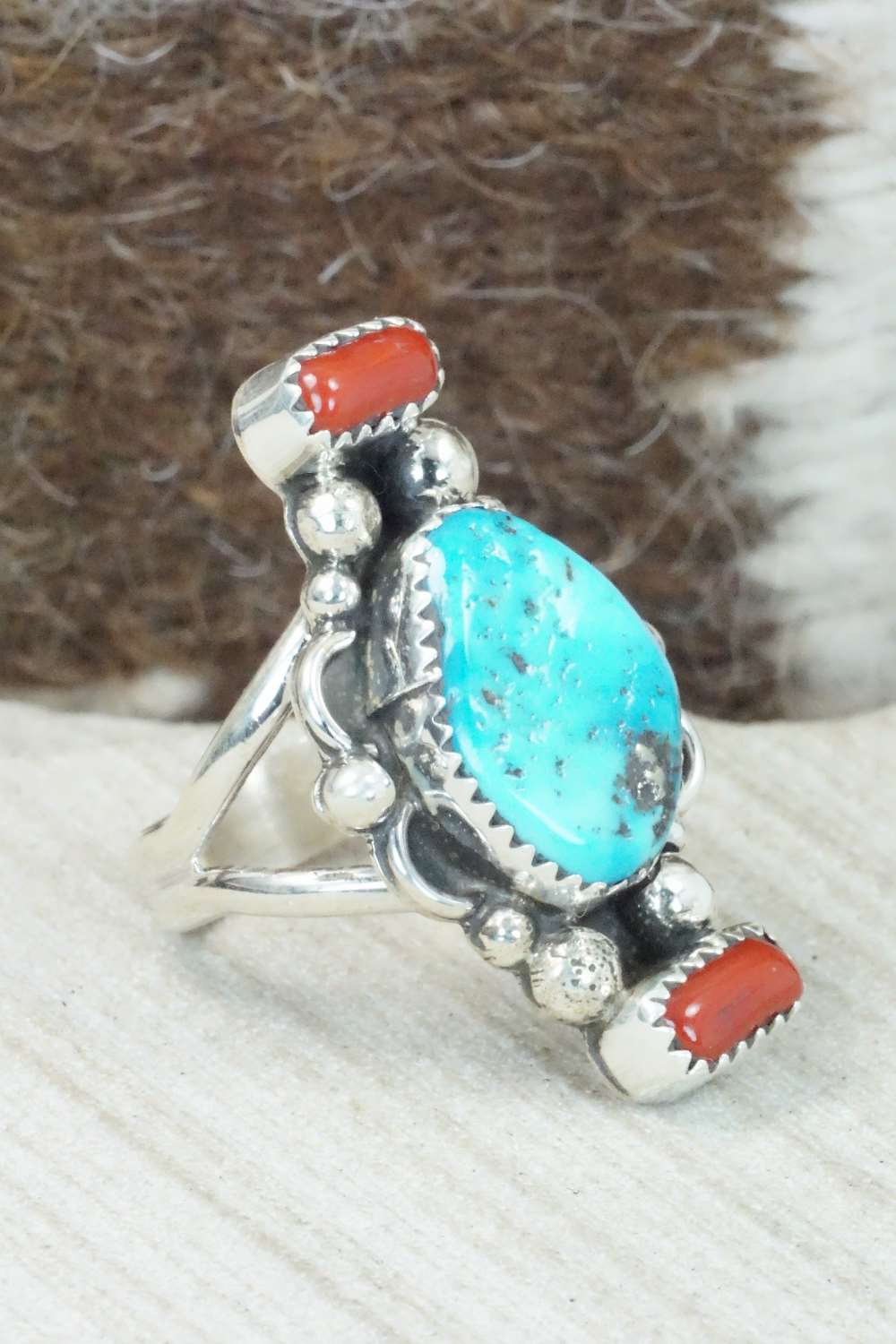 Coral, Turquoise & Sterling Silver Ring - Shirley Largo - Size 8.5