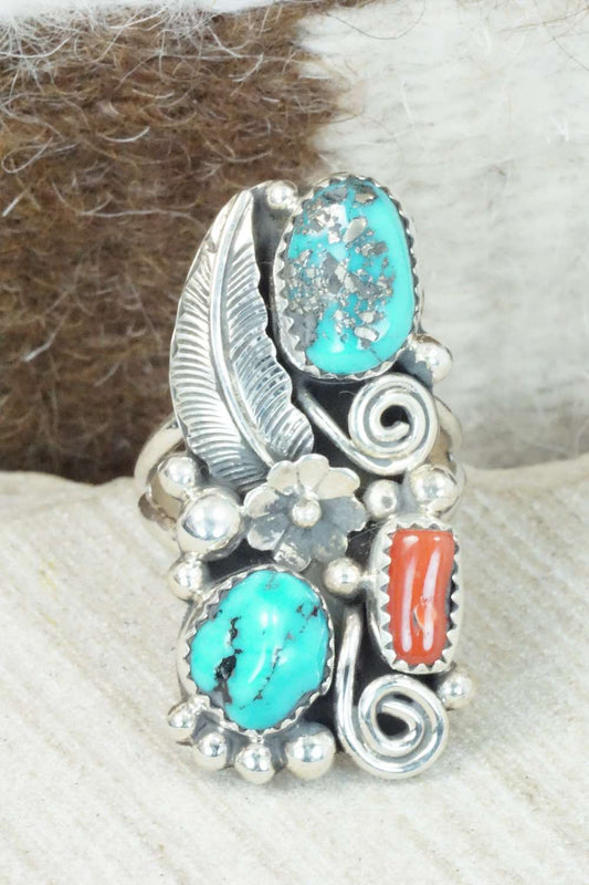 Coral, Turquoise & Sterling Silver Ring - Shirley Largo - Size 9