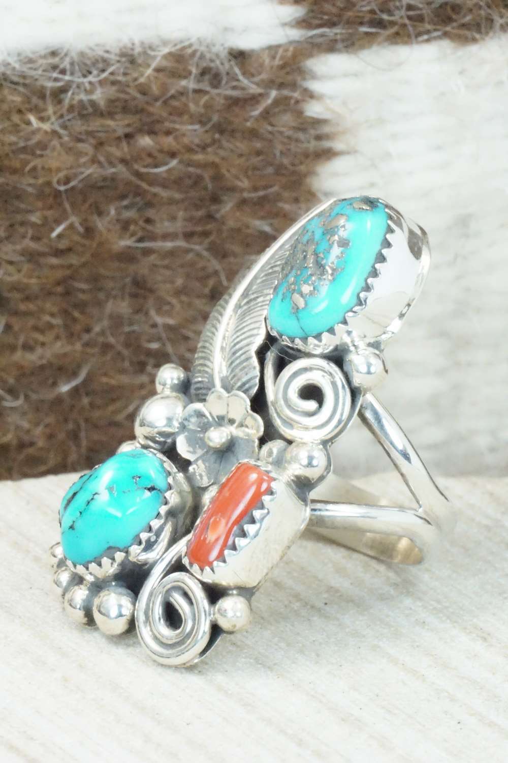 Coral, Turquoise & Sterling Silver Ring - Shirley Largo - Size 9