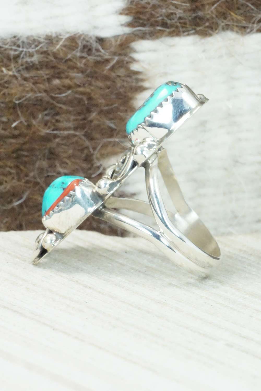 Coral, Turquoise & Sterling Silver Ring - Shirley Largo - Size 9