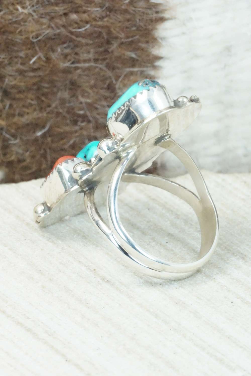 Coral, Turquoise & Sterling Silver Ring - Shirley Largo - Size 9