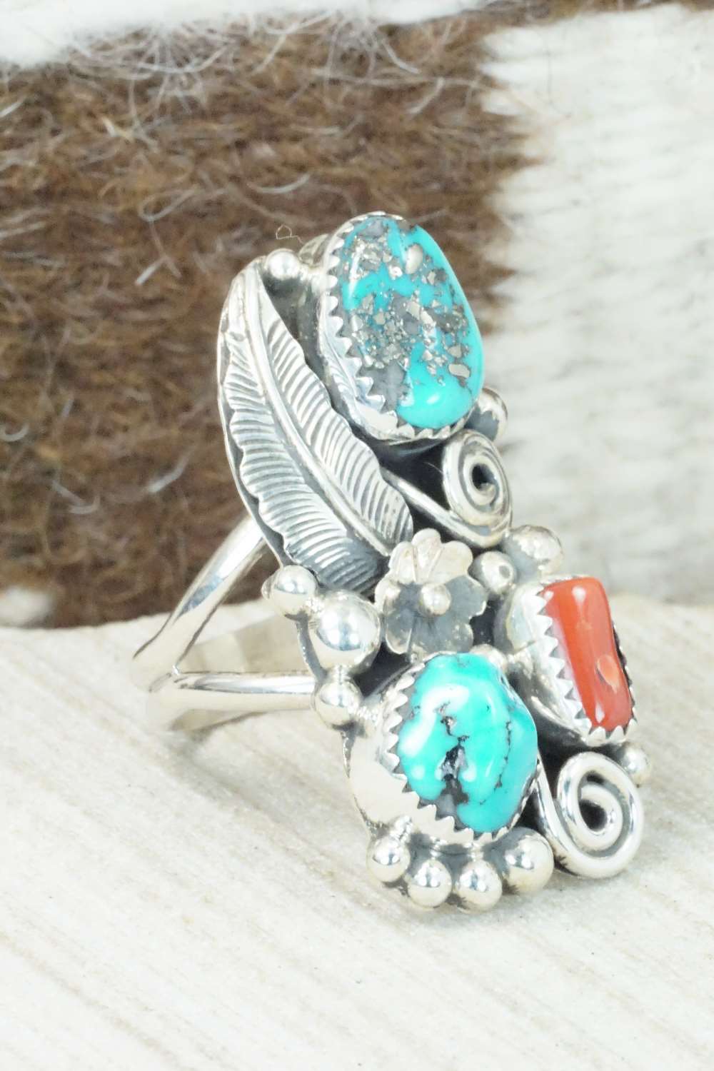 Coral, Turquoise & Sterling Silver Ring - Shirley Largo - Size 9