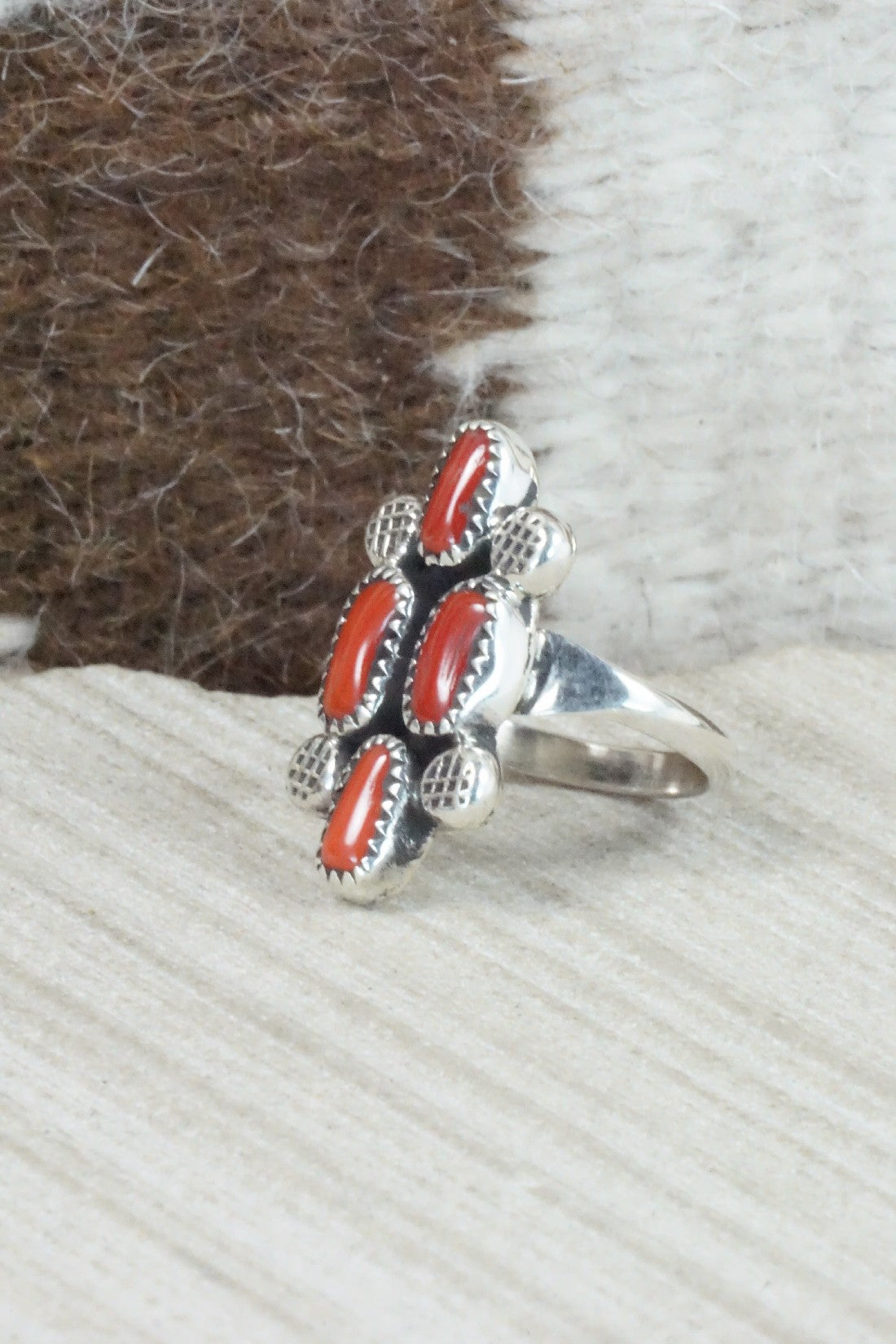Coral & Sterling Silver Ring - Priscilla Reeder - Size 6.75