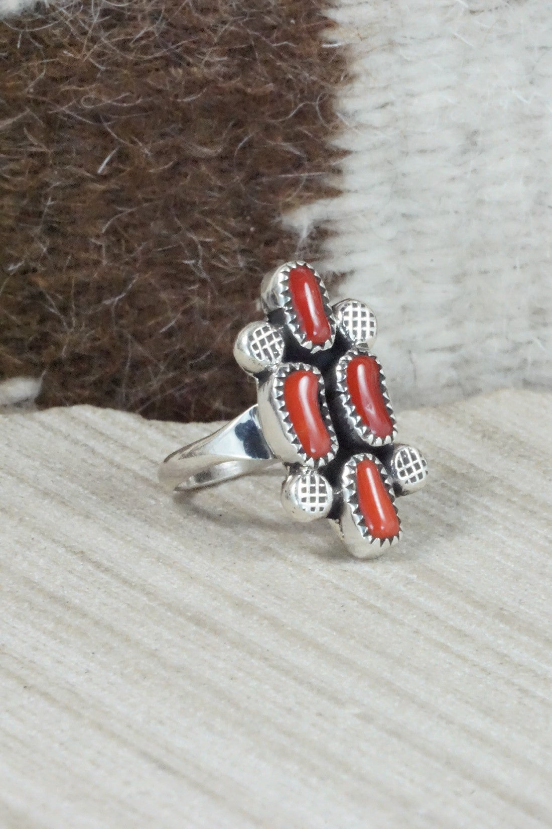 Coral & Sterling Silver Ring - Priscilla Reeder - Size 6.75