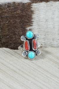Turquoise, Coral & Sterling Silver Ring - Priscilla Reeder - Size 7