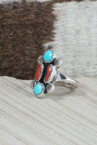 Turquoise, Coral & Sterling Silver Ring - Priscilla Reeder - Size 7