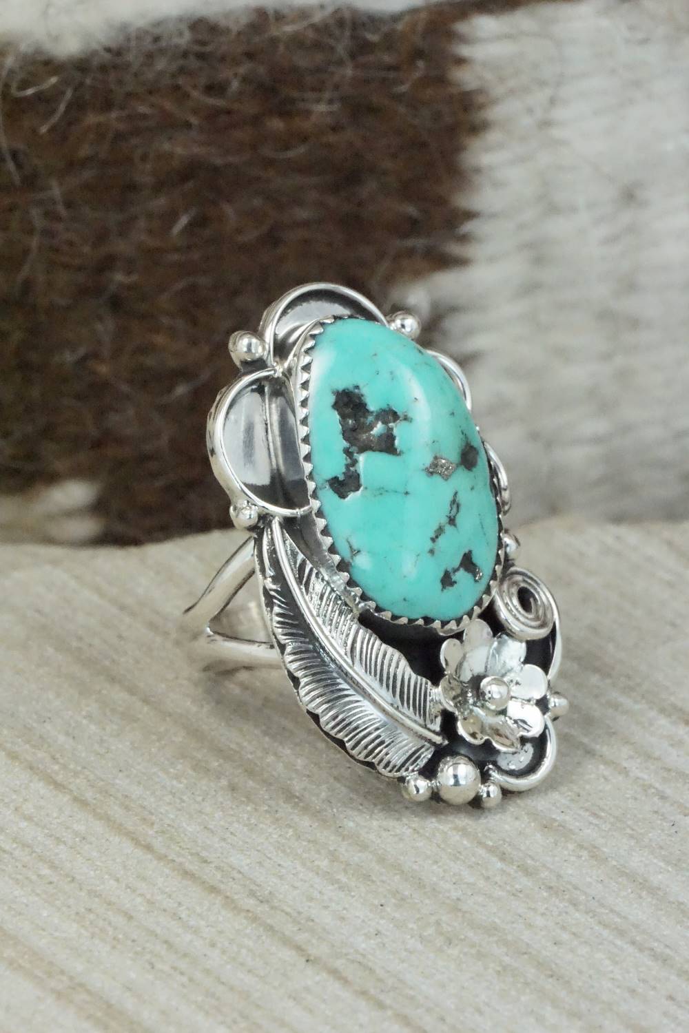 Turquoise & Sterling Silver Ring - Shirley Largo - Size 8.5