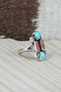 Turquoise, Coral & Sterling Silver Ring - Priscilla Reeder - Size 7