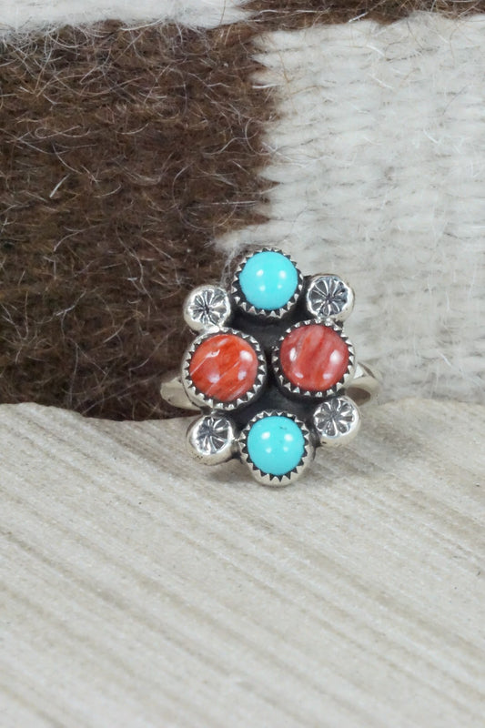 Turquoise, Spiny Oyster & Sterling Silver Ring - Priscilla Reeder - Size 8.5