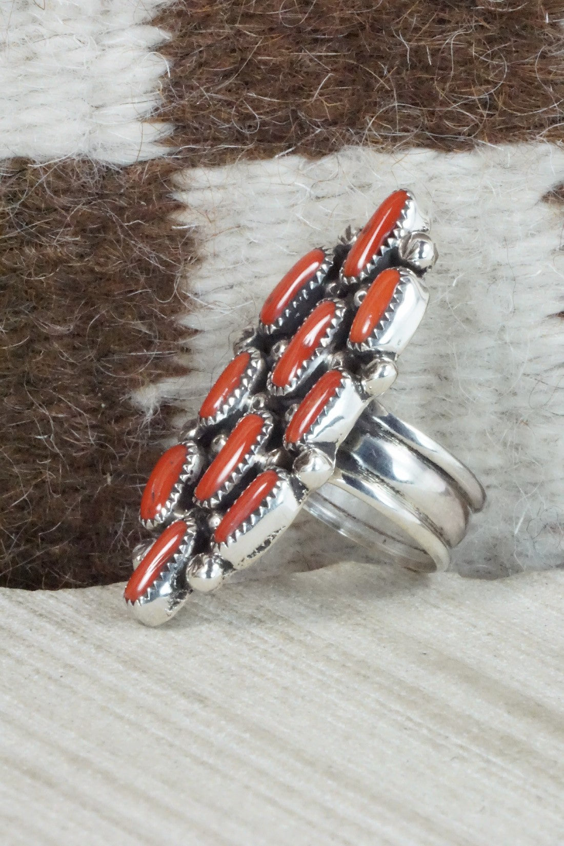 Coral & Sterling Silver Ring - Priscilla Reeder - Size 8.75