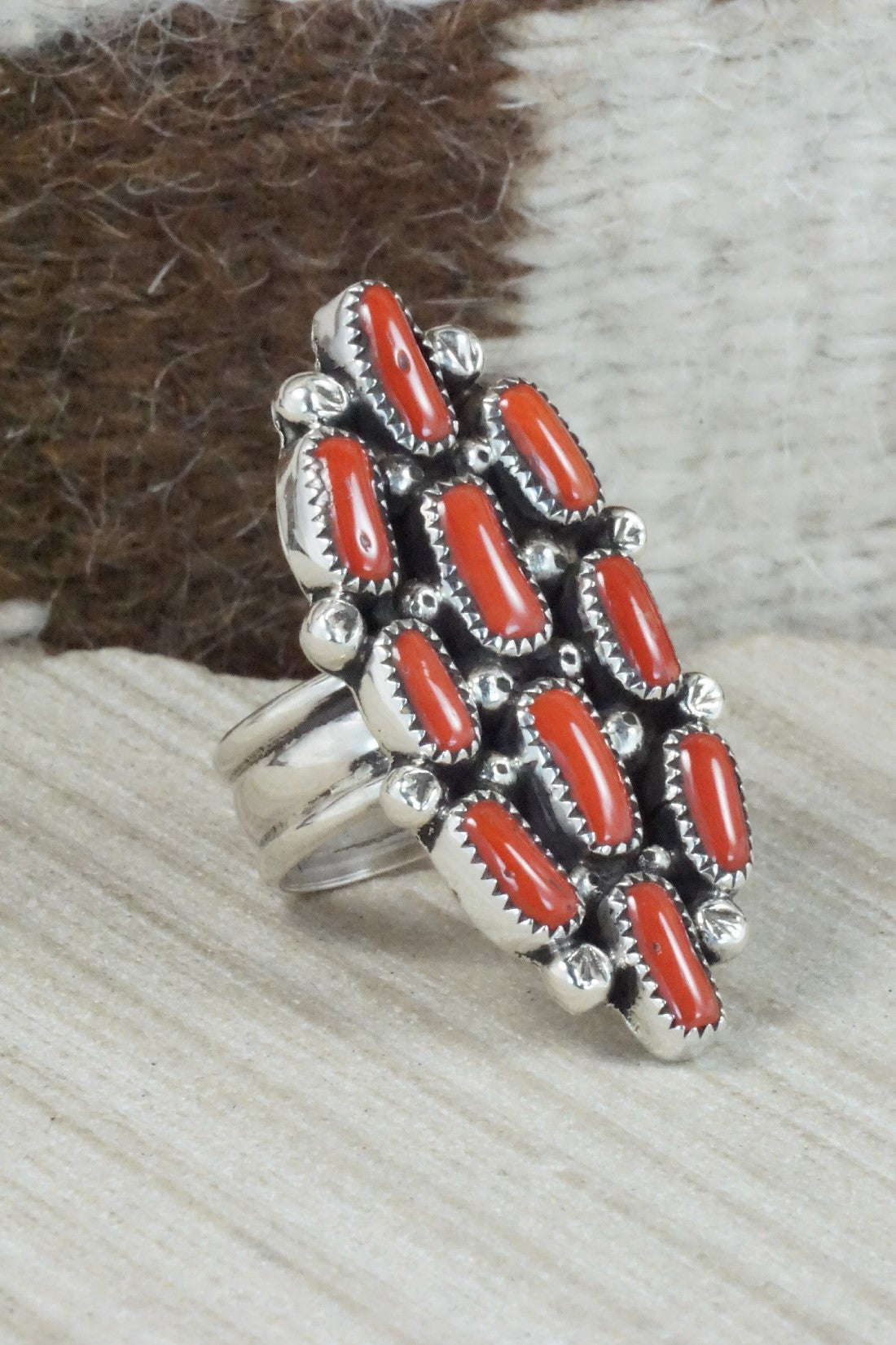 Coral & Sterling Silver Ring - Priscilla Reeder - Size 8.75