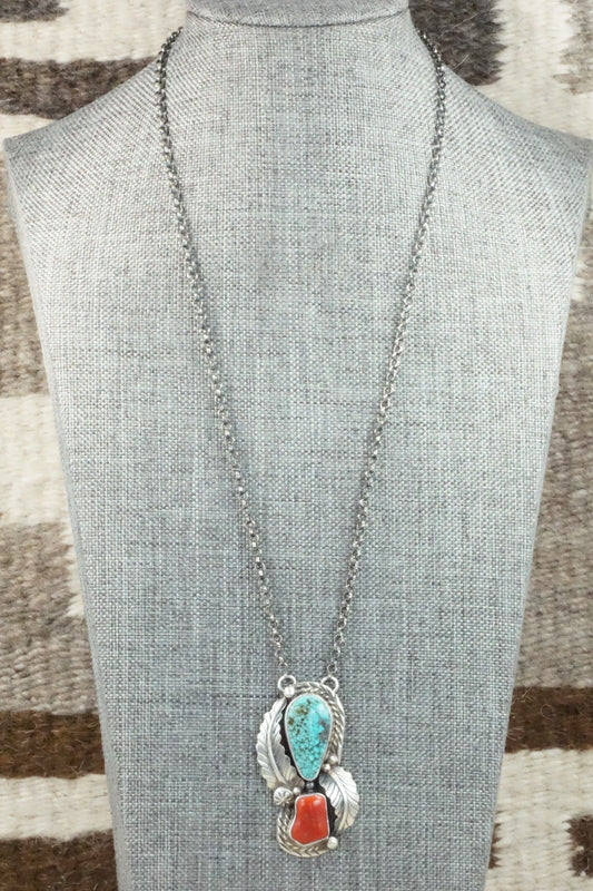 Turquoise, Coral & Sterling Silver Necklace - Betta Lee