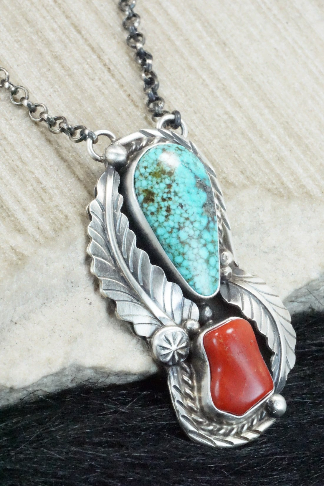 Turquoise, Coral & Sterling Silver Necklace - Betta Lee