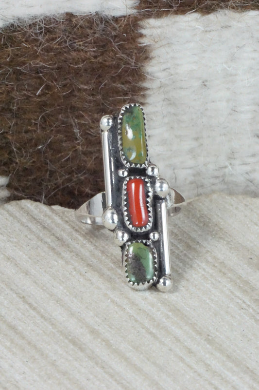 Turquoise, Coral & Sterling Silver Ring - Priscilla Reeder - Size 7.5