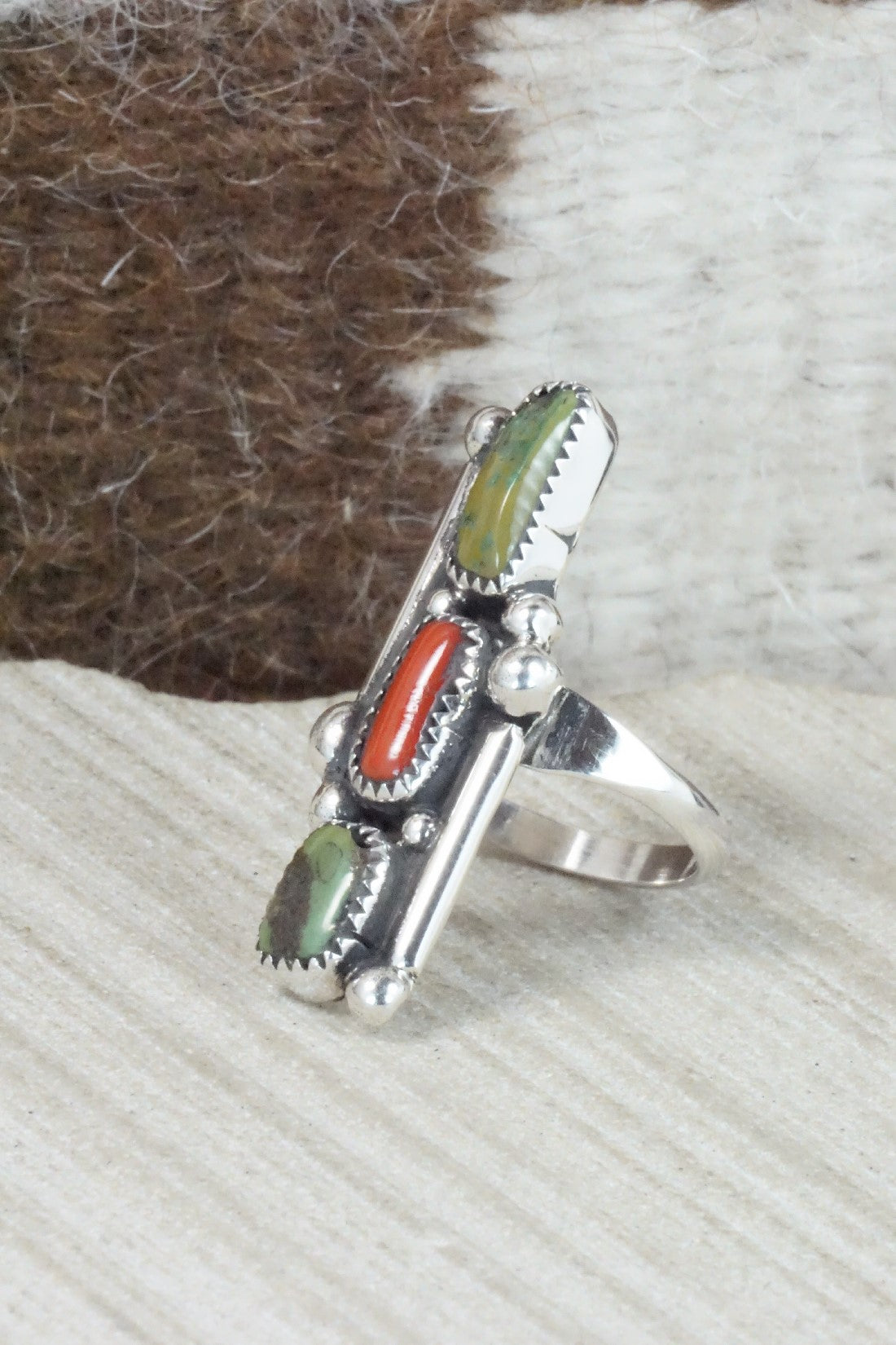 Turquoise, Coral & Sterling Silver Ring - Priscilla Reeder - Size 7.5