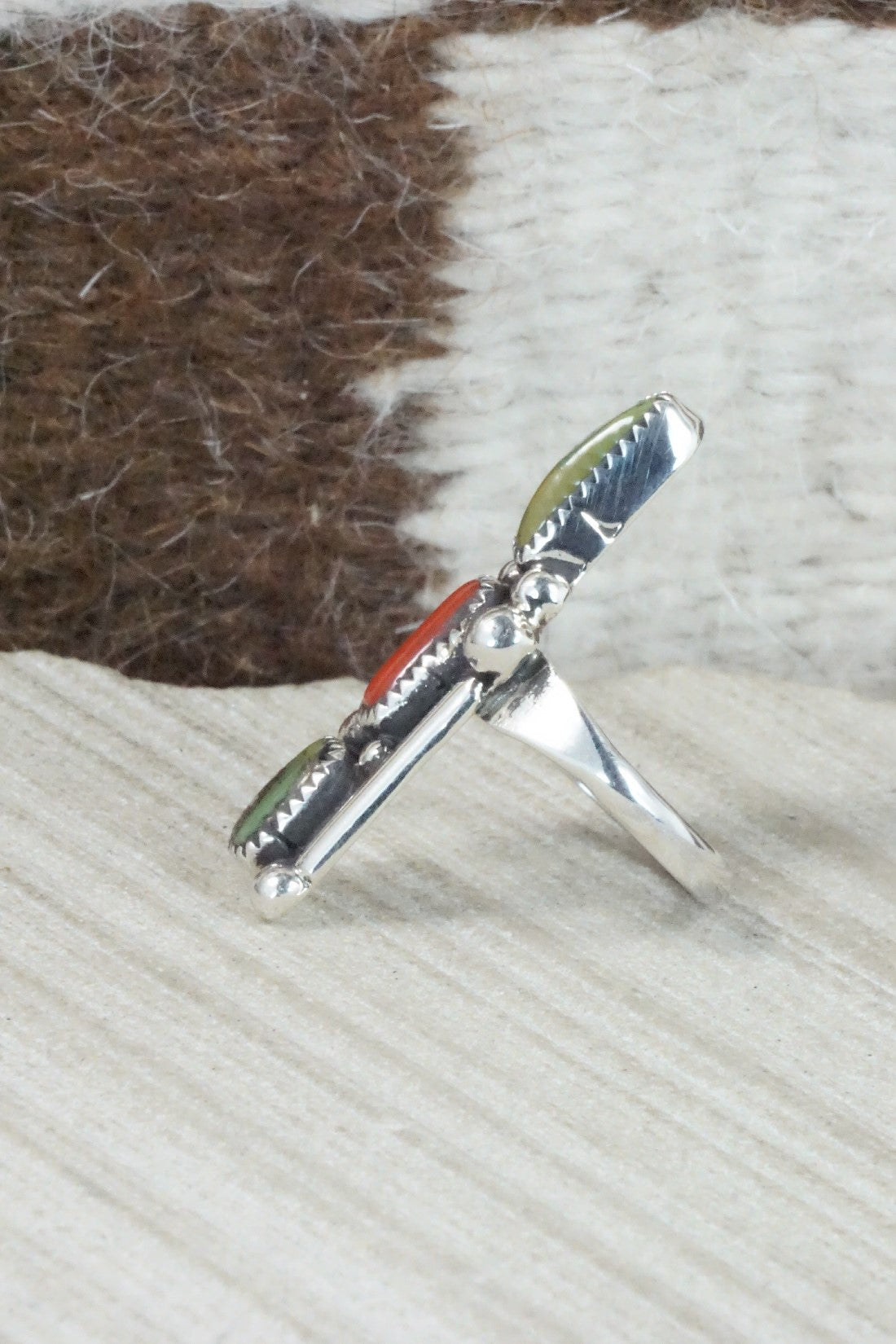 Turquoise, Coral & Sterling Silver Ring - Priscilla Reeder - Size 7.5
