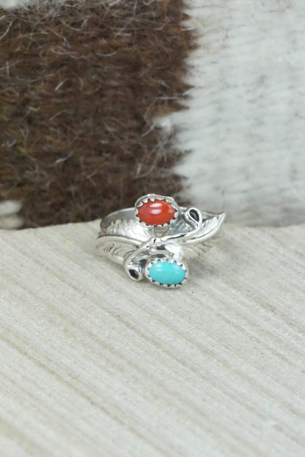 Turquoise, Coral & Sterling Silver Ring - Harry Yazzie - Size 5.75