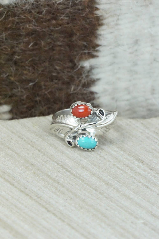 Turquoise, Coral & Sterling Silver Ring - Harry Yazzie - Size 6.25