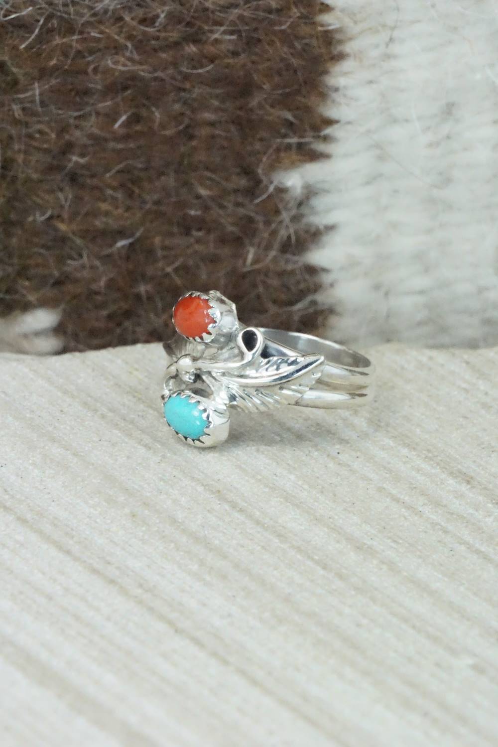 Turquoise, Coral & Sterling Silver Ring - Harry Yazzie - Size 7.5