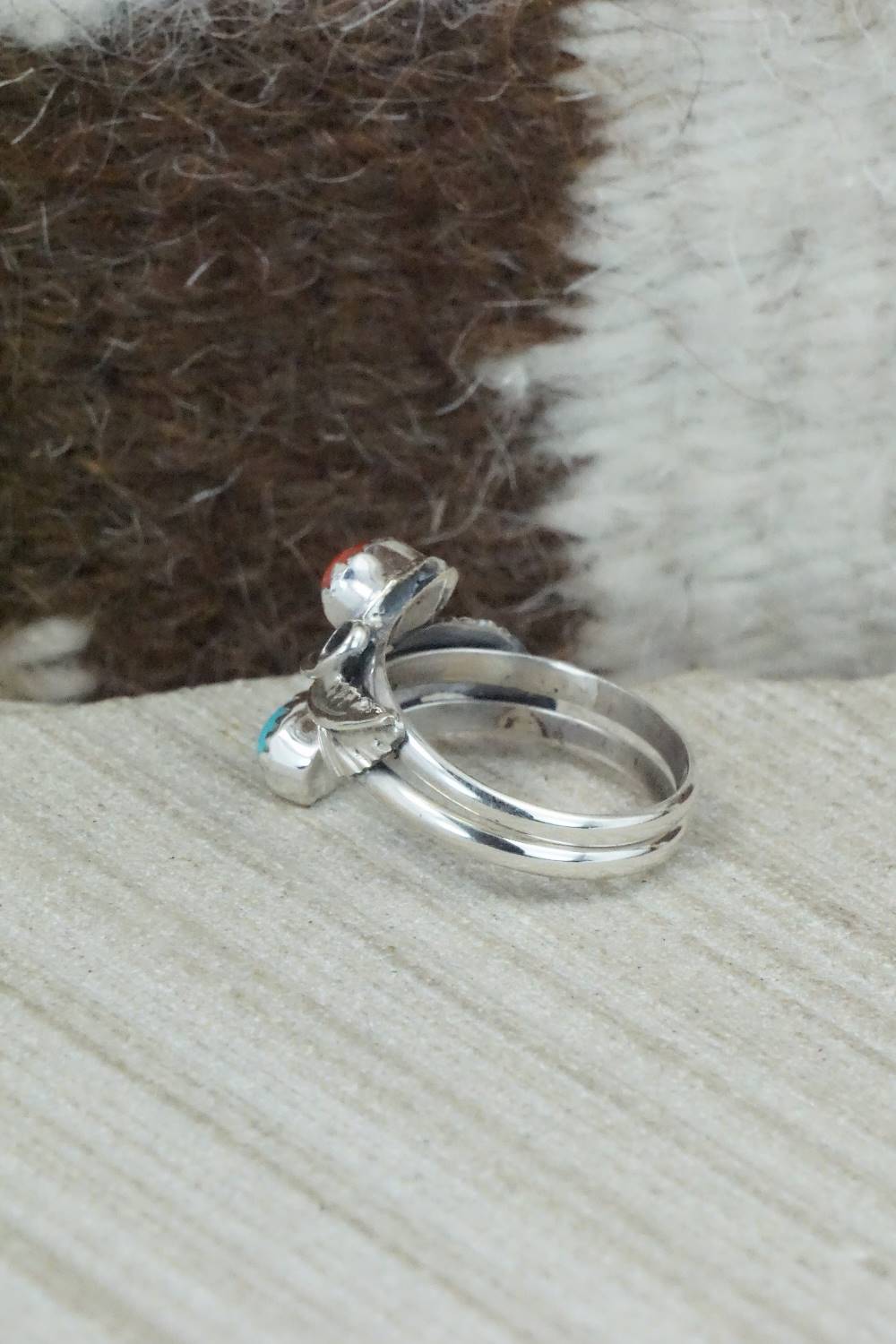 Turquoise, Coral & Sterling Silver Ring - Harry Yazzie - Size 8