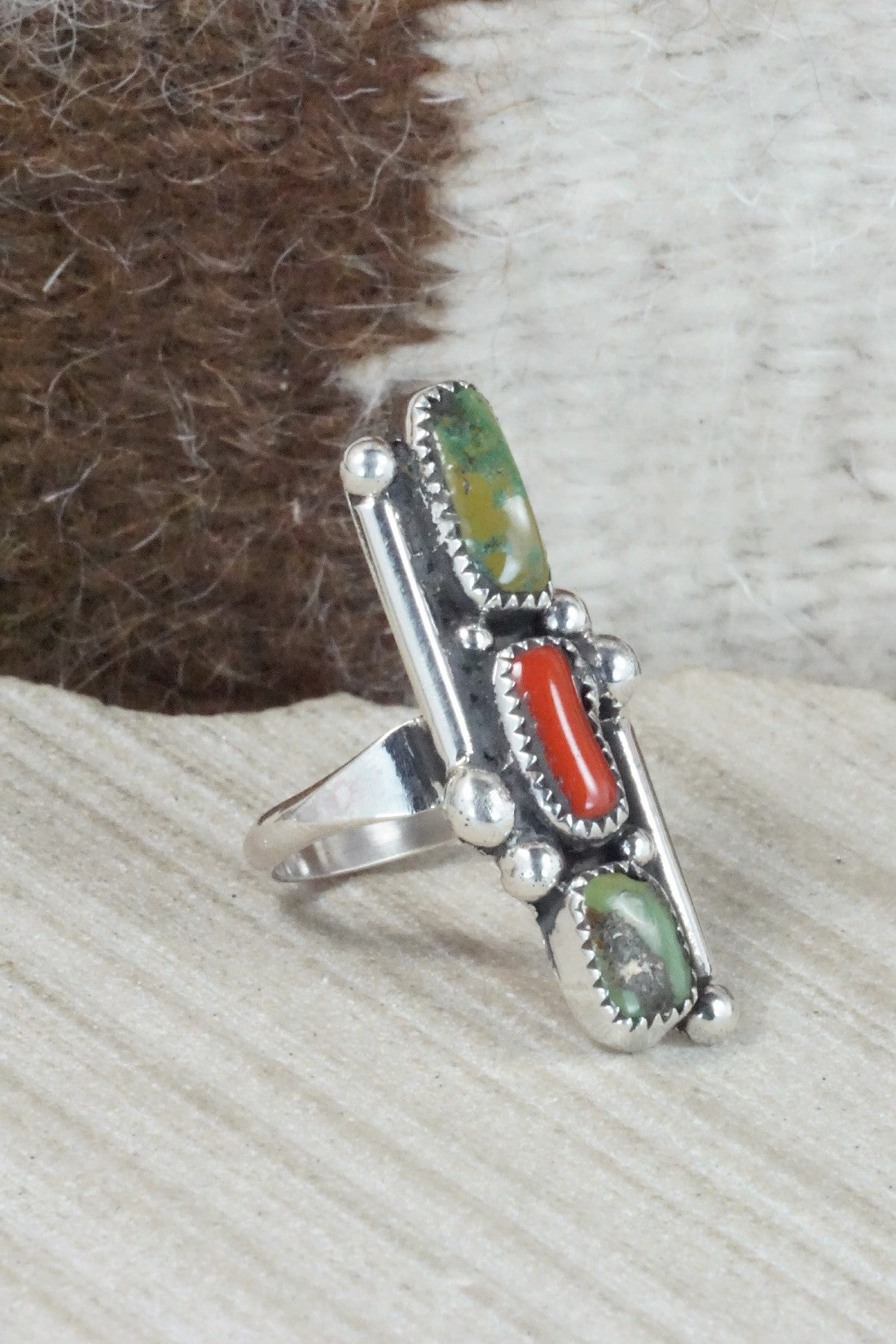 Turquoise, Coral & Sterling Silver Ring - Priscilla Reeder - Size 7.5