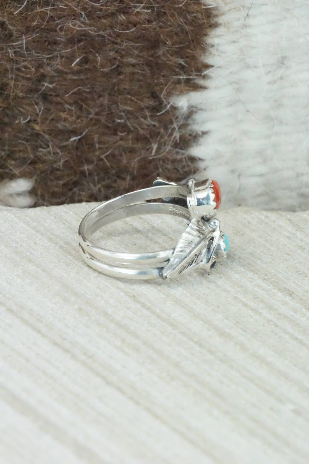 Turquoise, Coral & Sterling Silver Ring - Harry Yazzie - Size 7