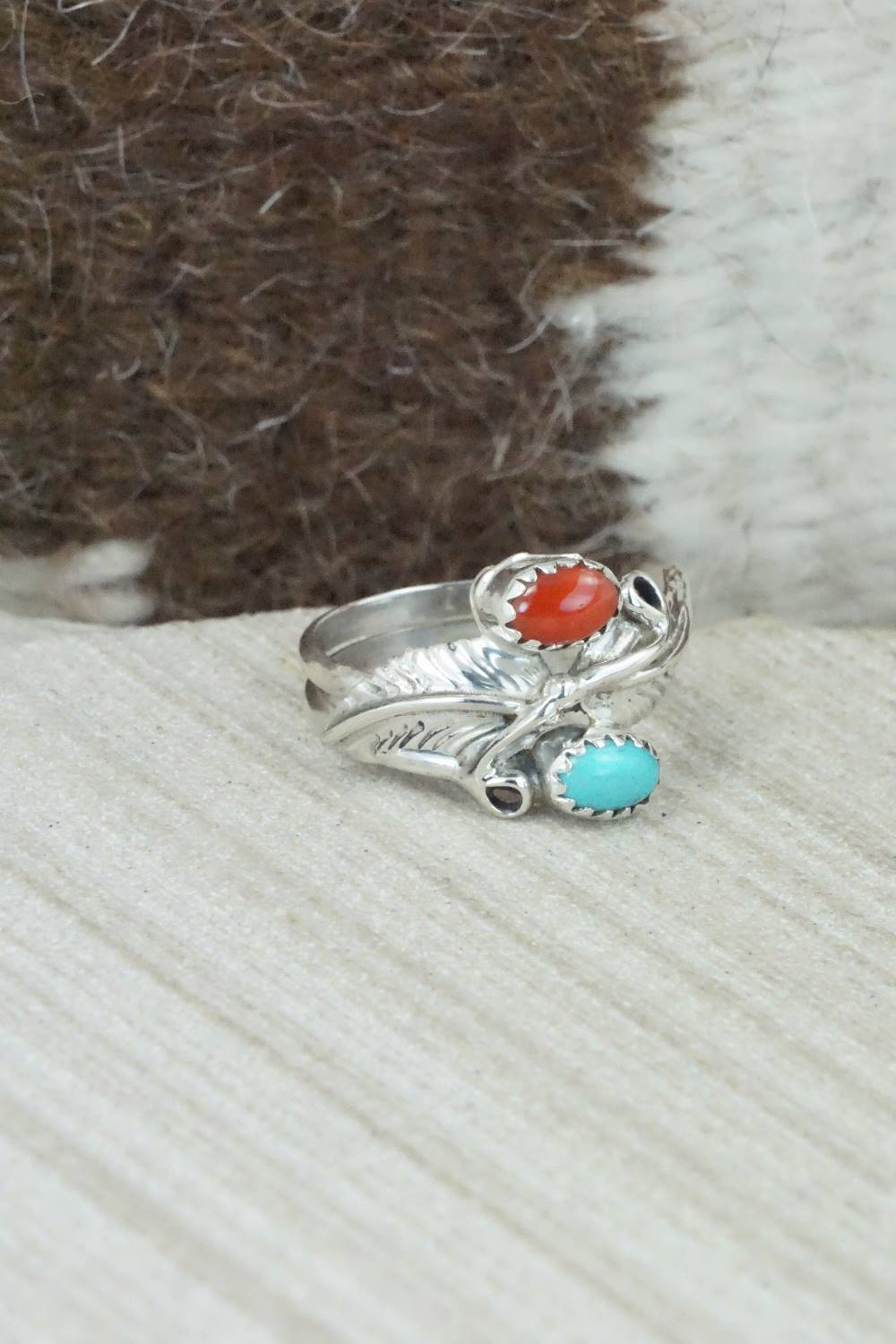 Turquoise, Coral & Sterling Silver Ring - Harry Yazzie - Size 8