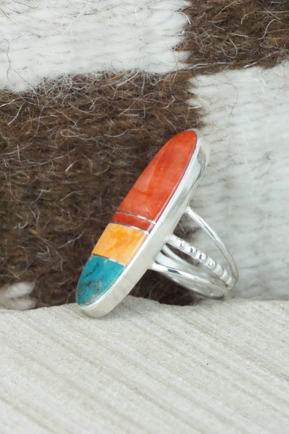Spiny Oyster, Turquoise & Sterling Silver Ring - Harold Smith - Size 6.75