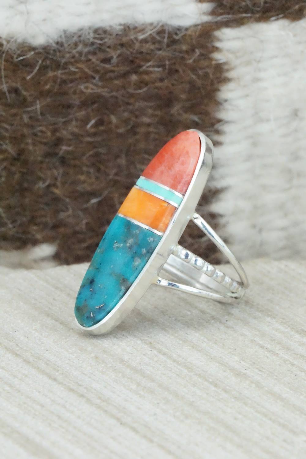 Spiny Oyster, Turquoise & Sterling Silver Ring - Harold Smith - Size 8.5