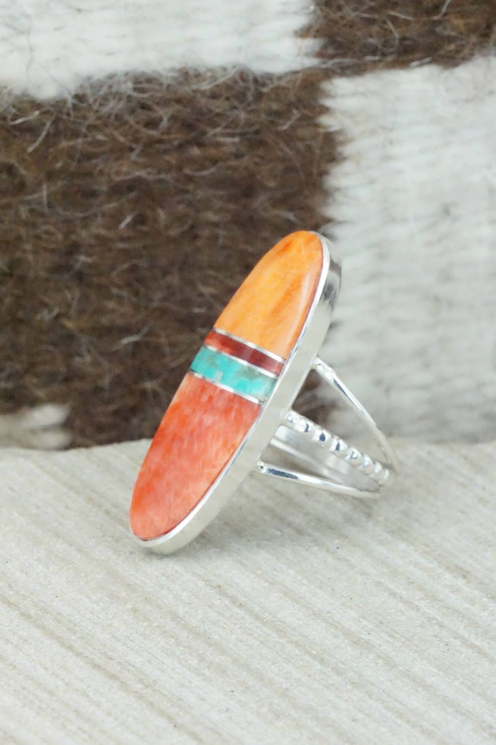 Spiny Oyster, Turquoise & Sterling Silver Ring - Harold Smith - Size 8.5