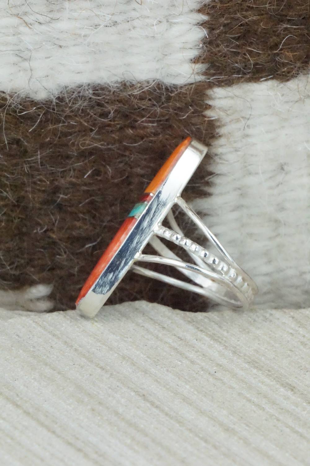 Spiny Oyster, Turquoise & Sterling Silver Ring - Harold Smith - Size 8.5