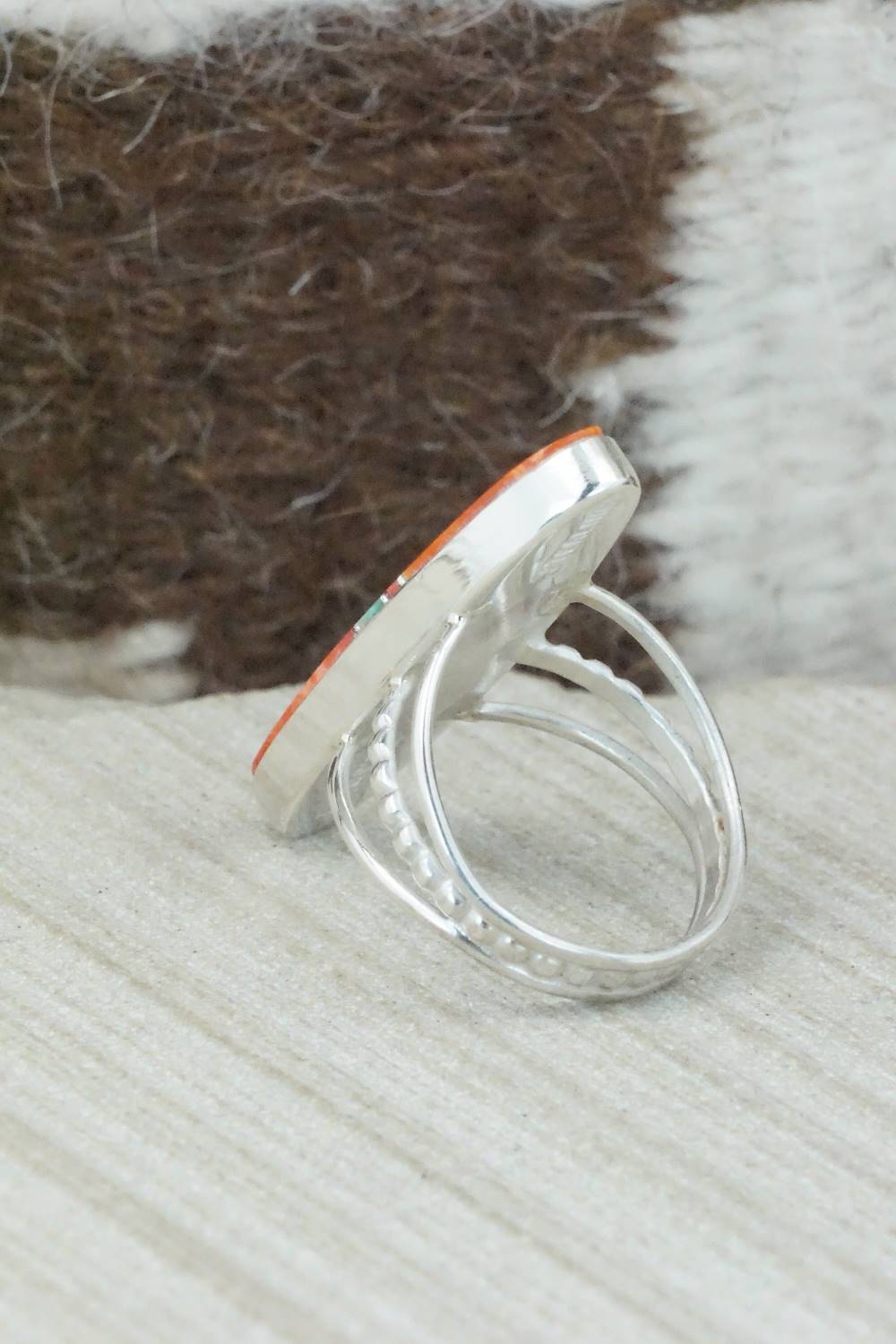 Spiny Oyster, Turquoise & Sterling Silver Ring - Harold Smith - Size 8.5