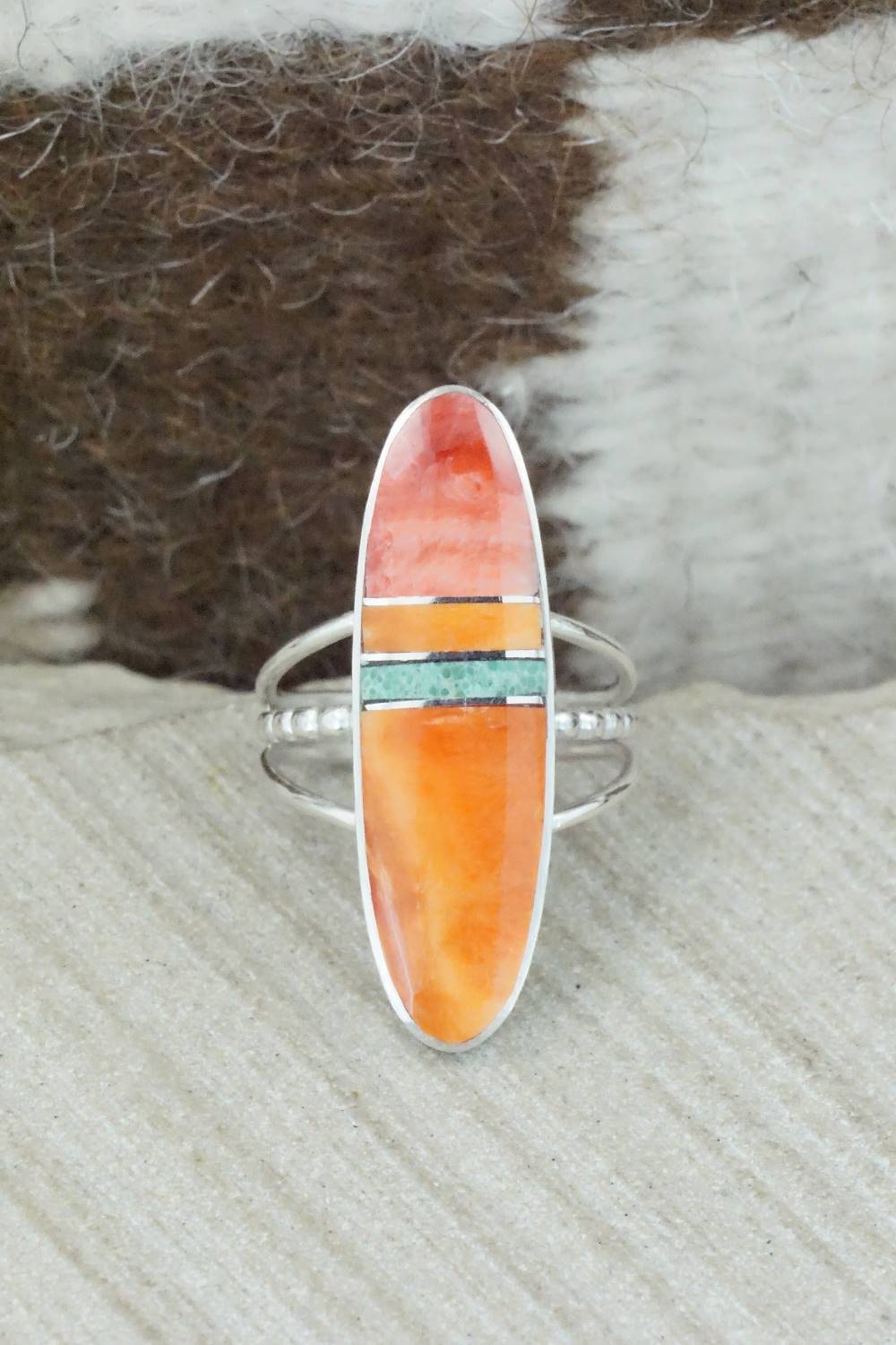 Spiny Oyster, Turquoise & Sterling Silver Ring - Harold Smith - Size 7.5