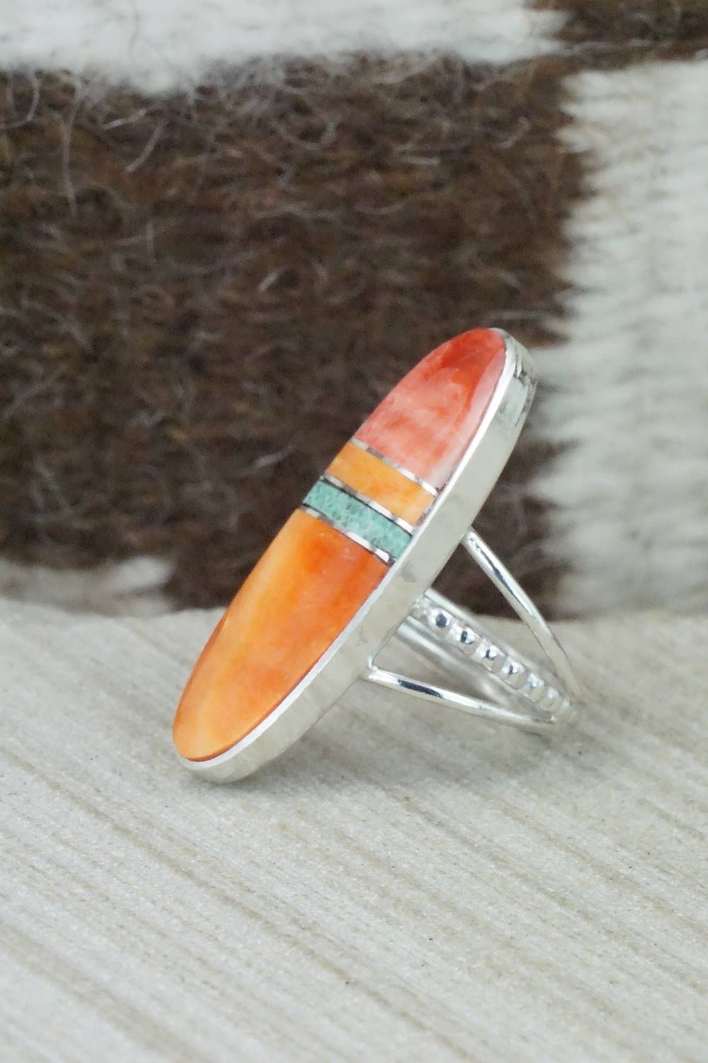 Spiny Oyster, Turquoise & Sterling Silver Ring - Harold Smith - Size 7.5