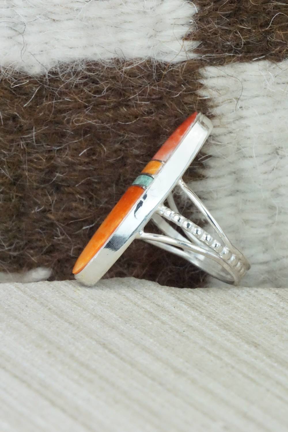 Spiny Oyster, Turquoise & Sterling Silver Ring - Harold Smith - Size 7.5