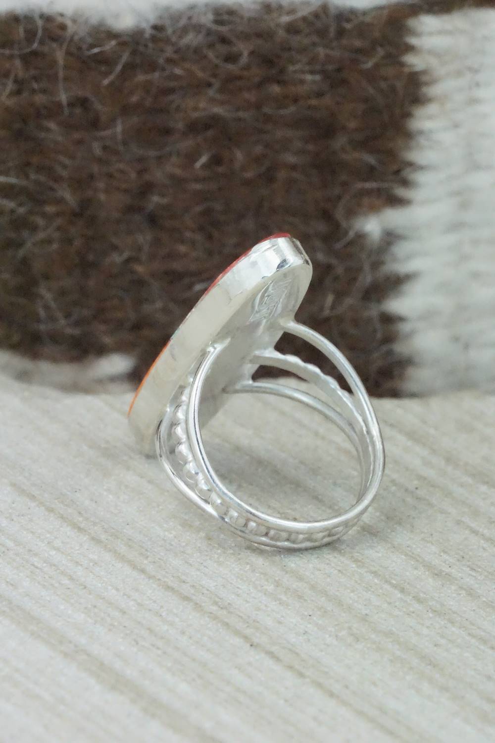 Spiny Oyster, Turquoise & Sterling Silver Ring - Harold Smith - Size 7.5