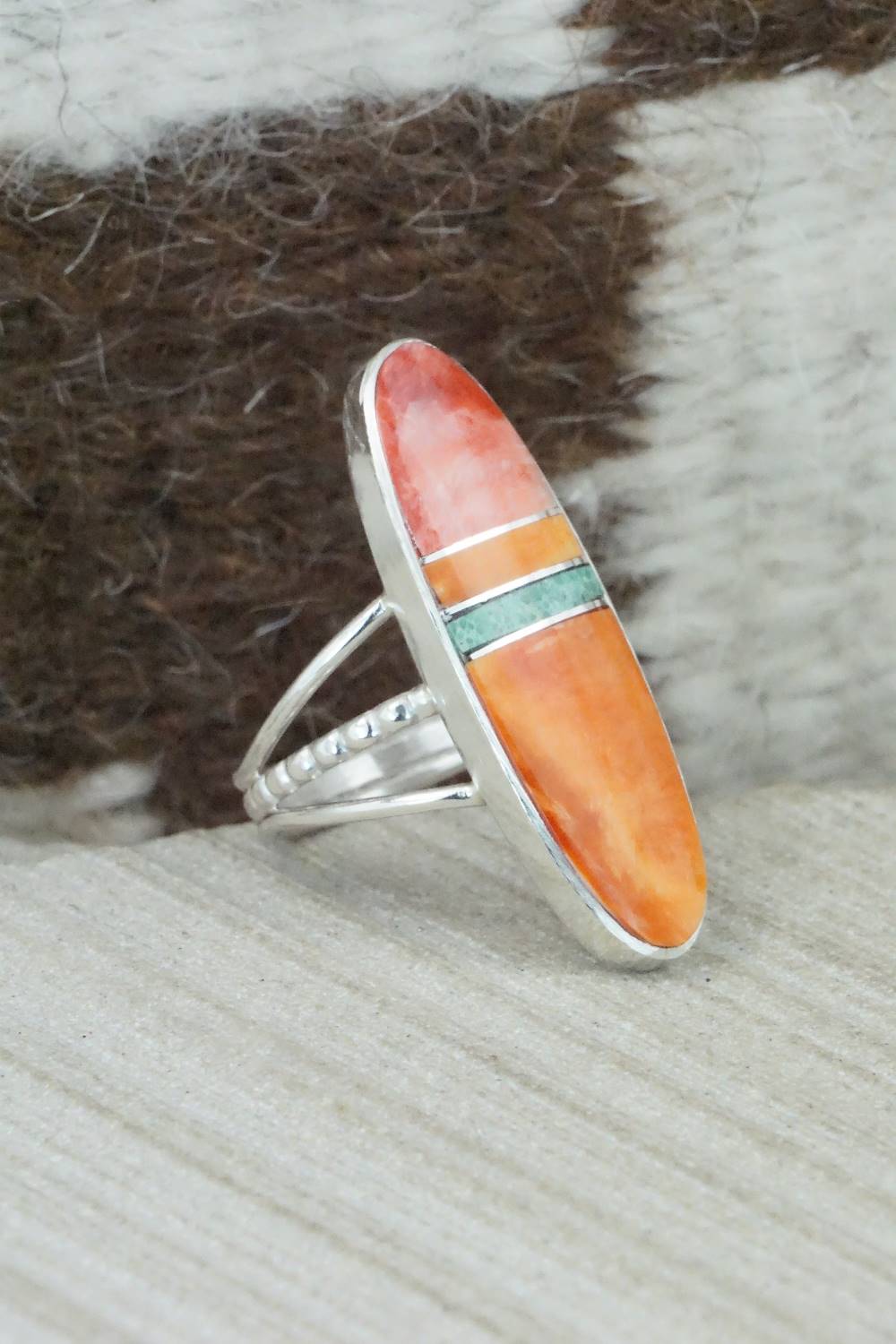 Spiny Oyster, Turquoise & Sterling Silver Ring - Harold Smith - Size 7.5