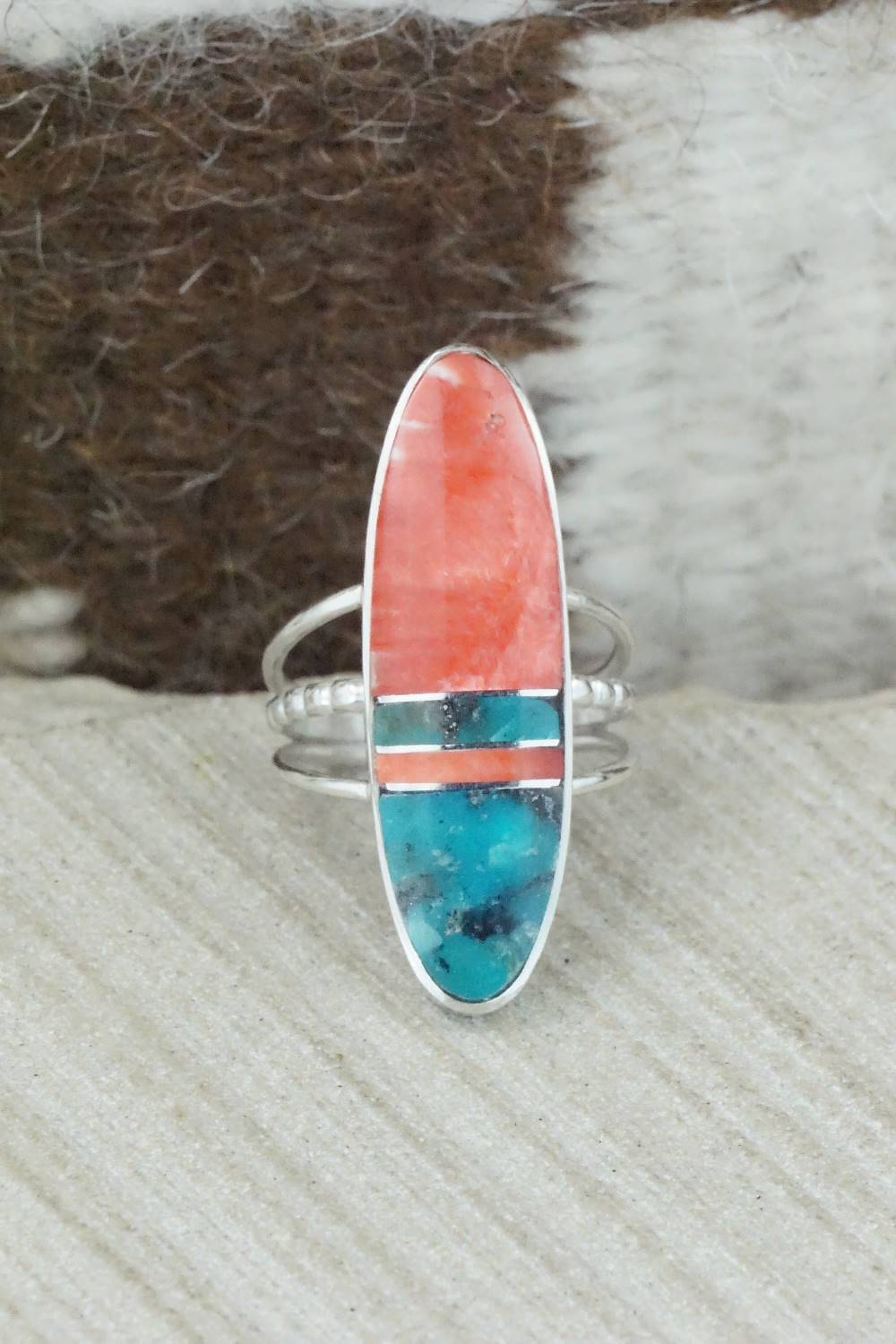 Spiny Oyster, Turquoise & Sterling Silver Ring - Harold Smith - Size 6.5