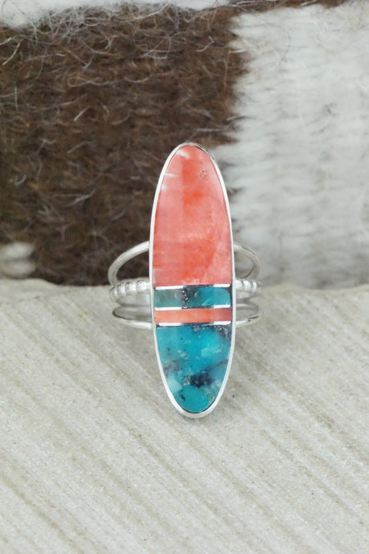 Spiny Oyster, Turquoise & Sterling Silver Ring - Harold Smith - Size 6.5