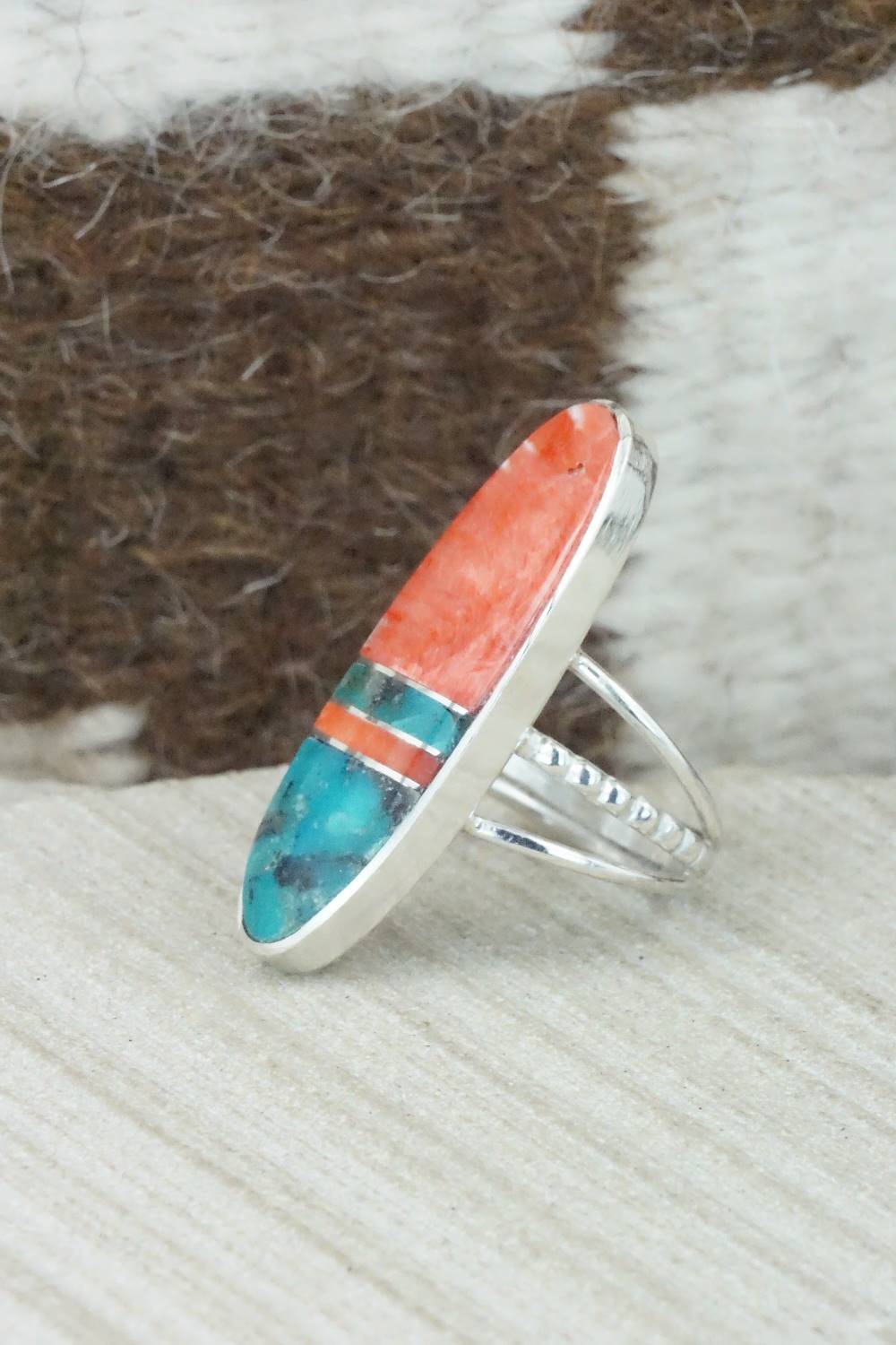 Spiny Oyster, Turquoise & Sterling Silver Ring - Harold Smith - Size 6.5