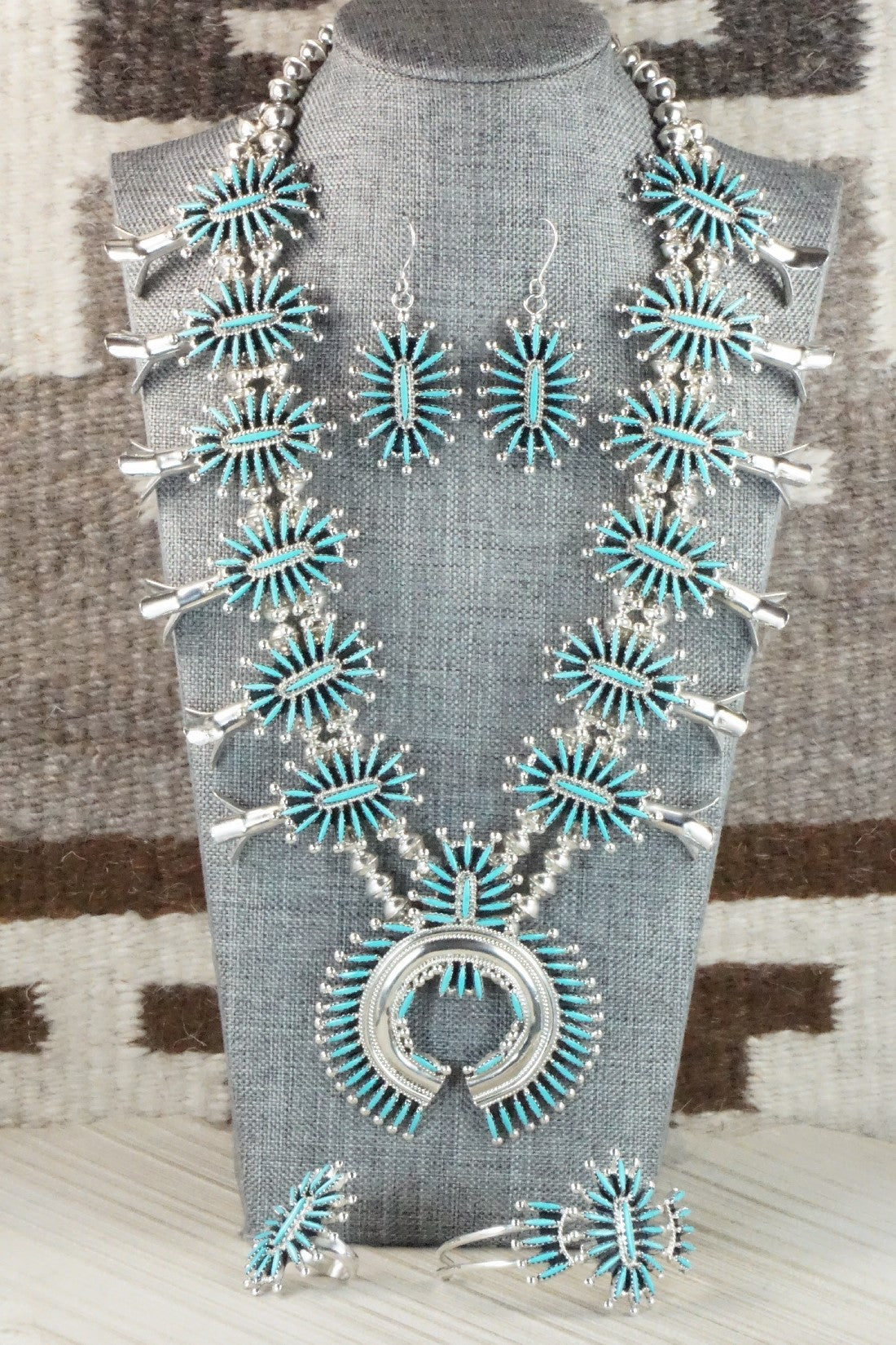 Turquoise & Sterling Silver Squash Blossom Necklace Set - Jack Etsate