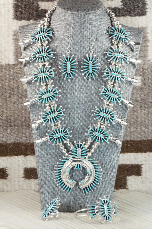 Turquoise & Sterling Silver Squash Blossom Necklace Set - Jack Etsate