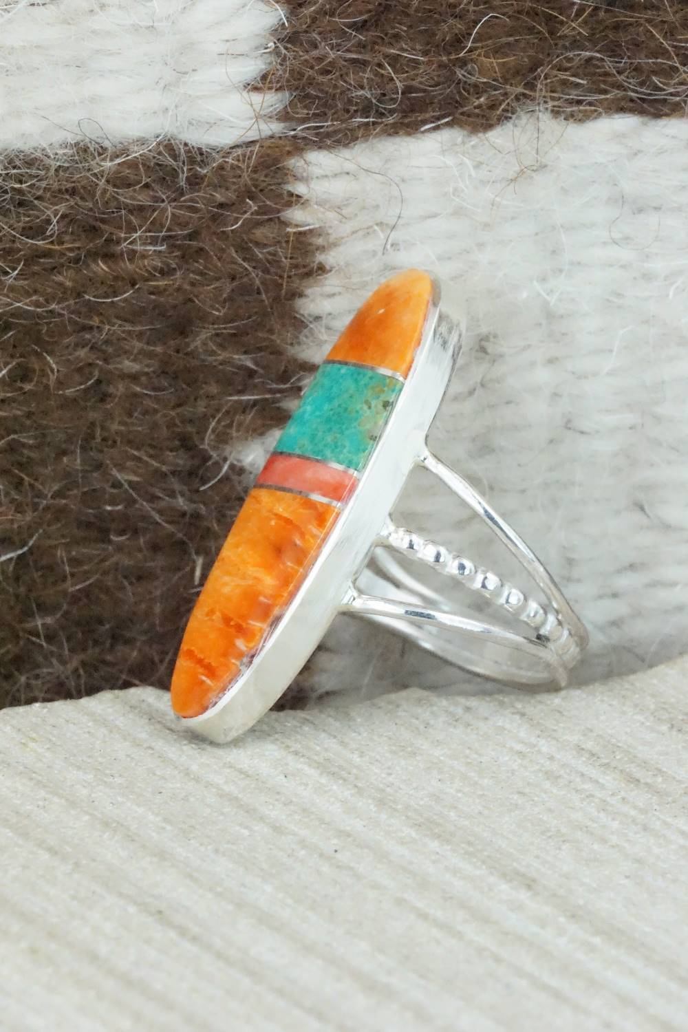 Spiny Oyster, Turquoise & Sterling Silver Ring - Harold Smith - Size 8.5